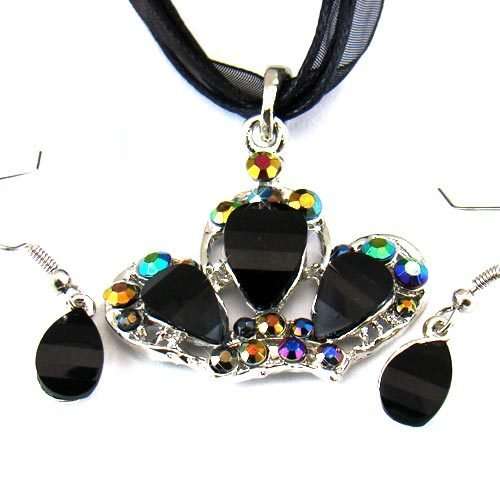 * Black Crystal Crown Evening Necklace & Earrings Set *