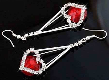 Stunning!! Silver & Red Evening Prom Crystal Heart Dangle Earrings