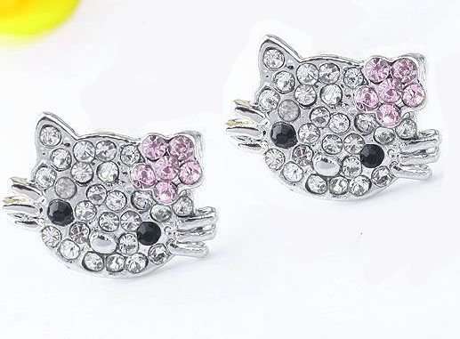 Cute! * PAIR PINK CRYSTAL FLOWER KITTY EARRINGS *
