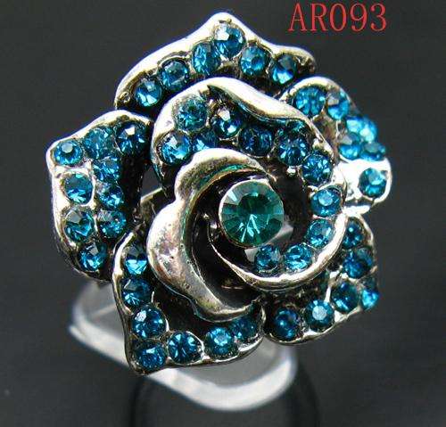 CRAZY RING SALE!! * Silver Tone Blue Crystal Flower Adjustable Cocktail Ring *