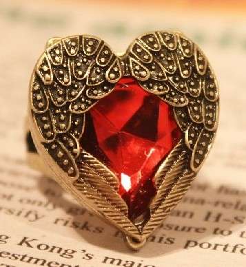 CRAZY RING SALE!! * Gold Tone Wings Heart & Red Ruby Adjustable Cocktail Ring *