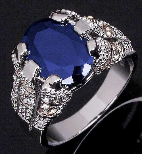 * Men's Blue Sapphire 10KT White Gold Ring Size 10 / T *