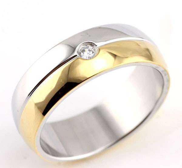 * Mens Steel & 18k Gold Zircon Ring Band Size 10 / T *