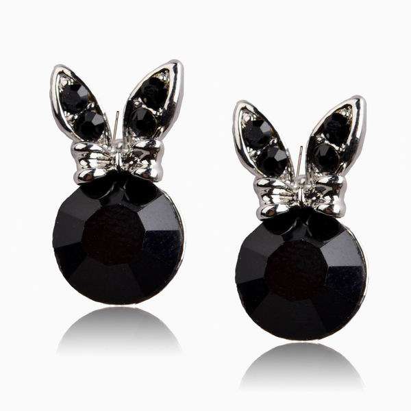 * Lovely Black Rabbit Crystal Silver Stud Earrings *