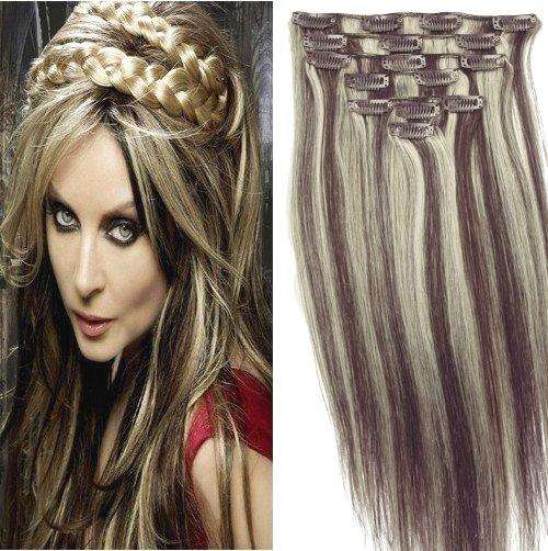 7PCS Set Straight Clip on Hair Extensions  8/613 Dark Brown Blonde Mix