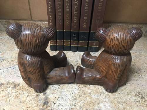 Stunning Pair of 'Vintage' Wooden Teddy Bear Carved Book Ends
