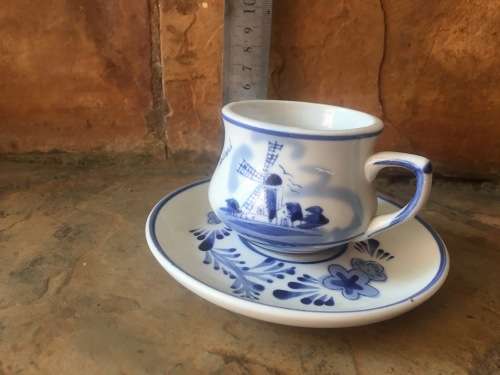 Delft Cup and Saucer with Floral and Windmill Pattern
