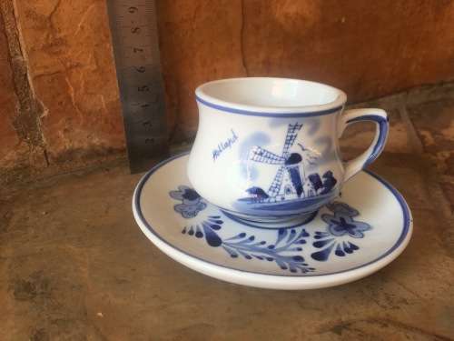 Delft Cup and Saucer with Floral and Windmill Pattern