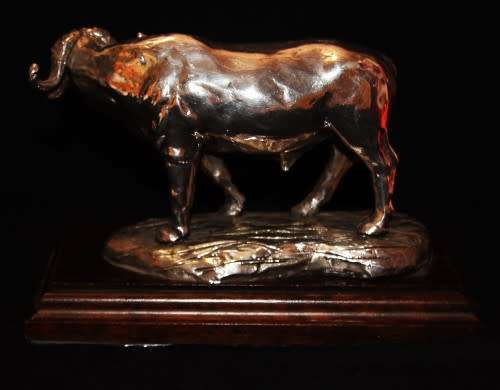 ON SALE - Afrisilver Sterling Silver Wax Filled Afrisilver Buffalo on Wooden Base - Value R 4 300