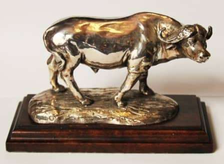 ON SALE - Afrisilver Sterling Silver Wax Filled Afrisilver Buffalo on Wooden Base - Value R 4 300