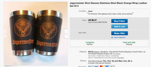Set of 4 Stainless Steel Leather Wrapped Jagermeister Shot Glasses