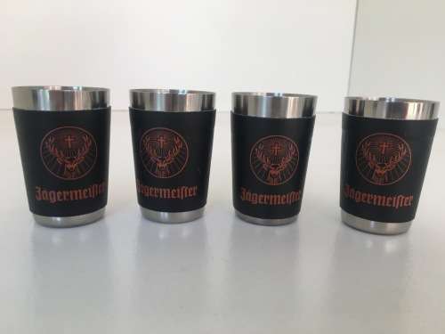 Set of 4 Stainless Steel Leather Wrapped Jagermeister Shot Glasses