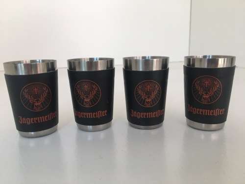 Set of 4 Stainless Steel Leather Wrapped Jagermeister Shot Glasses