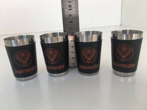 Set of 4 Stainless Steel Leather Wrapped Jagermeister Shot Glasses