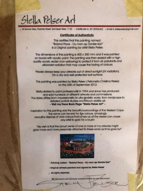 Original Stella Pelser Art - Boland Plaas - `Ou man op Donkie Kar!`