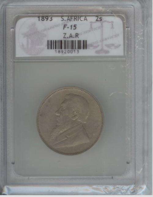 1893 ZAR 2 SHILLINGS F-15.THIS IS A VERY RARE COIN WITH A CAT VALUE OF R 10 000+++