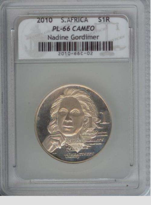 A EXTREMELY RARE PROOF LIKE 2010 NADINE GORDIMER SILVER R1.GRADED PL-66 CAMEO!!!!!