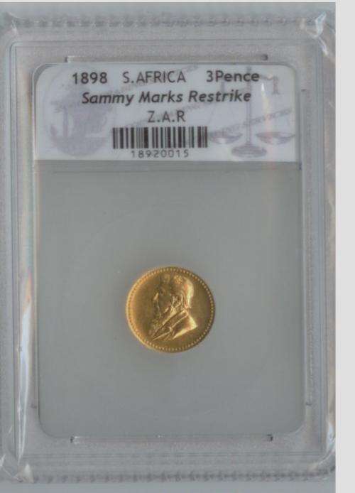 A ABSOLUTE STUNNING SOLID GOLD 1898 SAMMY MARKS 3 PENCE REPLICA.GOLD CONTENT IS BETWEEN 18 AND 22 CT