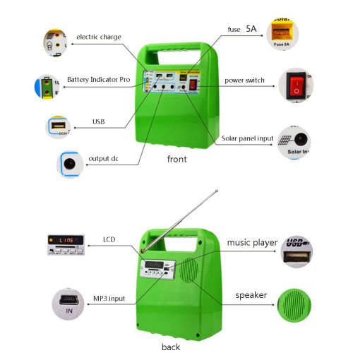 Multi-function Solar Power Lighting System Kit with FM radio, USB speaker, Led bulbs - 10watt