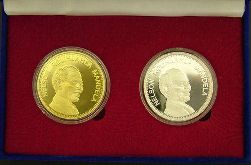 MANDELA PROOF MEDALLIONS - GOLD PLATED & SILVER .925 + BOX