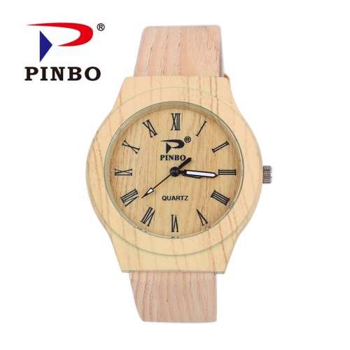 Pinbo Classical Bamboo Wooden Watch Leather Band