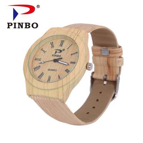 Pinbo Classical Bamboo Wooden Watch Leather Band