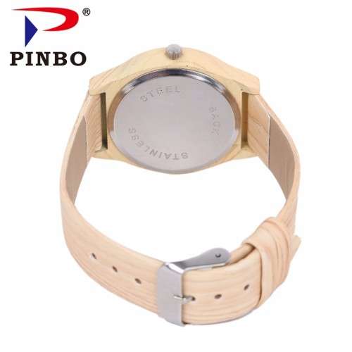 Pinbo Classical Bamboo Wooden Watch Leather Band