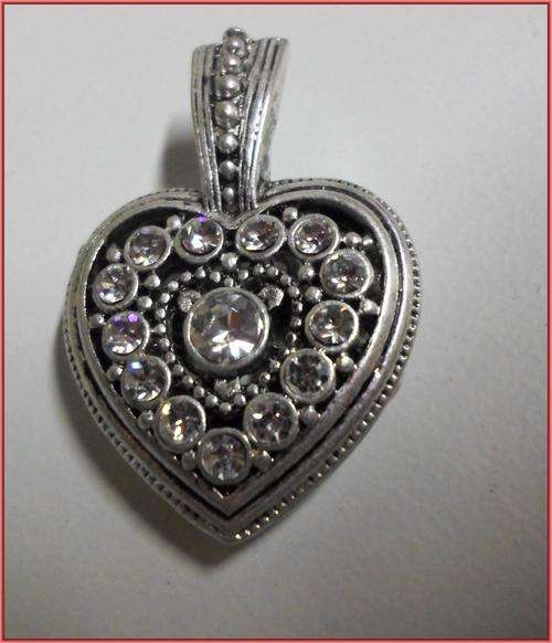 Nickle Pendant Heart,Clear Rhinestone , Clip on Bail, 38mm x 26mm - Sold Individually.