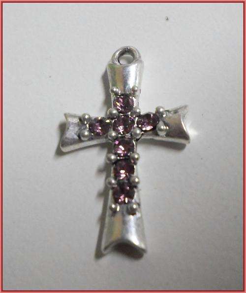 Antique Silver Pendant Cross,Amethyst Rhinestone Inlay, 30mm x 17mm - Sold Individually.