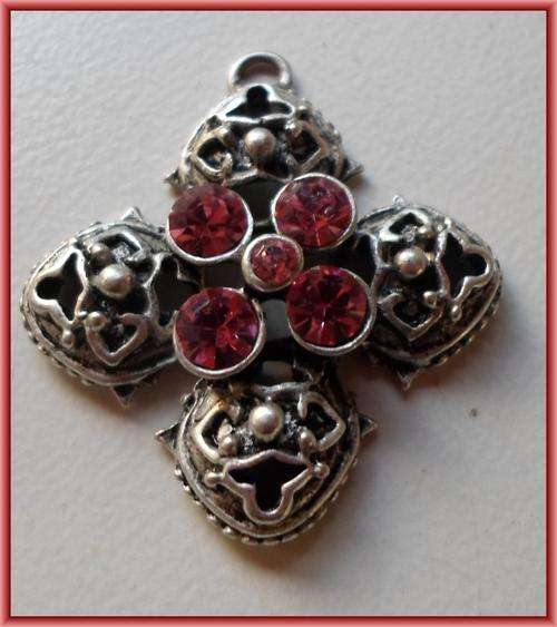 Pendant Cross with Pink Rhinestone, 36mm x 32mm - Sold Individually.