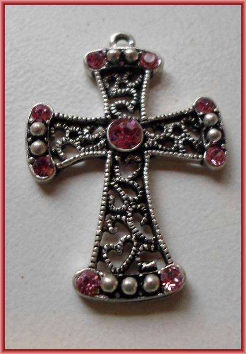 Pendant Cross with Pink Rhinestone, 40mm x 28mm - Sold Individually.