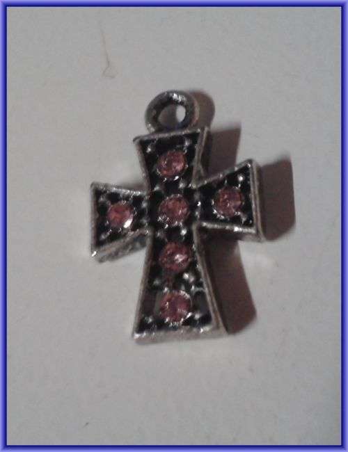 Petit Cross Pendant with Pink Rhinestone Inlay, 19mm x 13mm - Sold Individually.