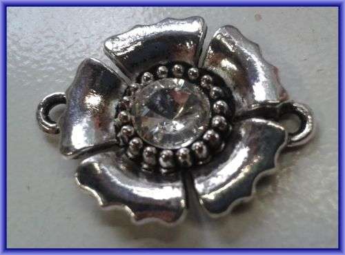 Flower Connector with Clear Rhinestone, 31mm x 24mm - Sold Individually.