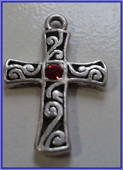 Cross Pendant with Red Rhinestone Inlay, 27mm x 18mm - Sold Individually.