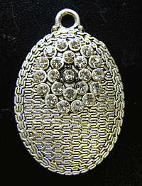 40mm X 33mm Silver Metal Oval Pendant With Clear Rhinestone Inlay - Sold Individually.