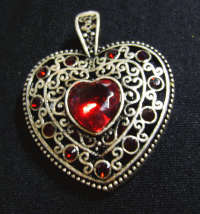 Silver Metal Pendant Heart With Red Rhinestone Inlay ,47mm  X 38mm - Sold Individually.