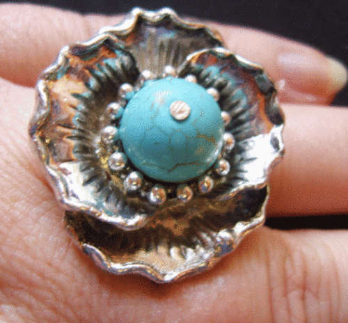 Dress Ring: Rose With Blue Turquoise Center, 30mm Bloom - One size fits all.