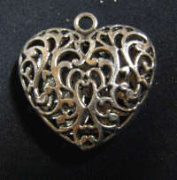 NEW : Silver Metal Pendant Heart With Filigree Design, 35mm - Sold Individually..