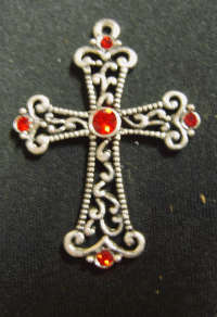 NEW : Silver Metal Pendant Cross With Red Rhinestone Inlay, 43mm x 32mm - Sold Individually..