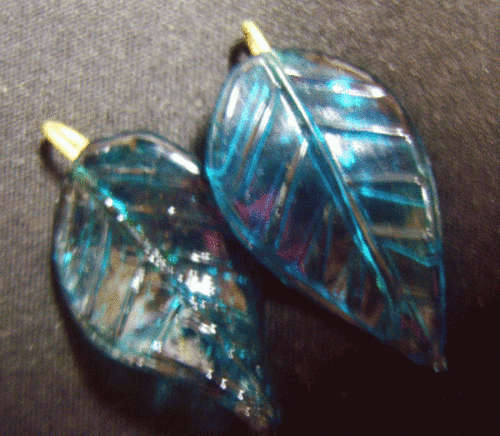 Turquoise Indian Glass Leaf Pendant, +/- 35mm x 20mm - Sold individually.