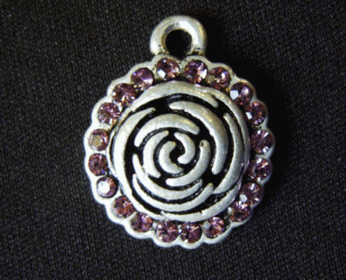 Pendant Rose With Lilac Rhinestone Inlay, 22mm x 18mm - Sold Individually.