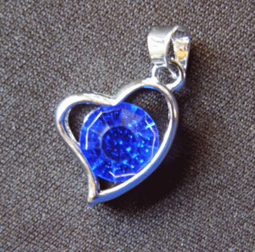 Pendant Blue Rhinestone with Silvertone Heart Setting, 15mm x 13mm - Sold Individually.