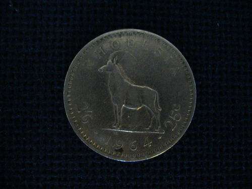ELIZABETH THE SECOND  1964 2'6 RHODESIA 25C CIRCULATED COIN