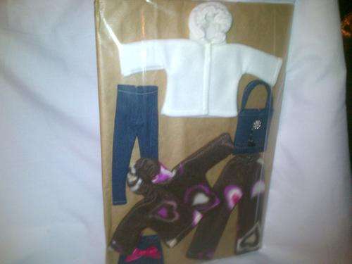 barbie doll clothing set, includes 2 hoodies, 2 long pants,denim skirt and a hand bag