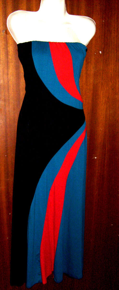 **BLACK LONG MAXI DRESS RED AND BLUE STRIPE DETAIL **