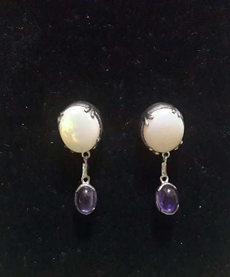 OPAL and cabachon Amythest earrings! WOW! set in Silver length 2.7cm Opal measures 12mm x 10 mm