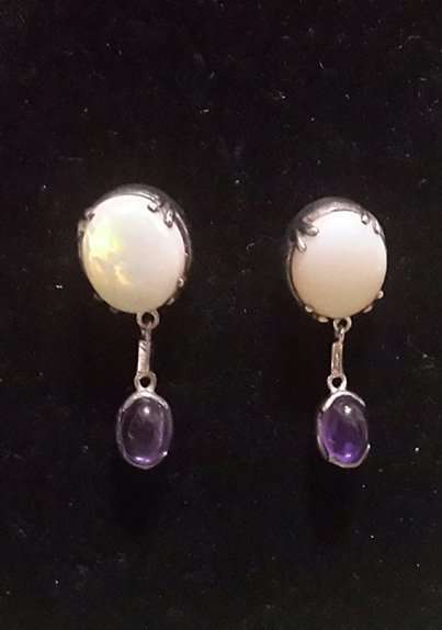 OPAL and cabachon Amythest earrings! WOW! set in Silver length 2.7cm Opal measures 12mm x 10 mm