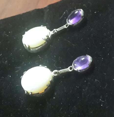 OPAL and cabachon Amythest earrings! WOW! set in Silver length 2.7cm Opal measures 12mm x 10 mm