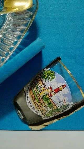 Boxed Glass, shot glass and ashtray set - Swakopmund Suid Wes Afrika! LOOK!!