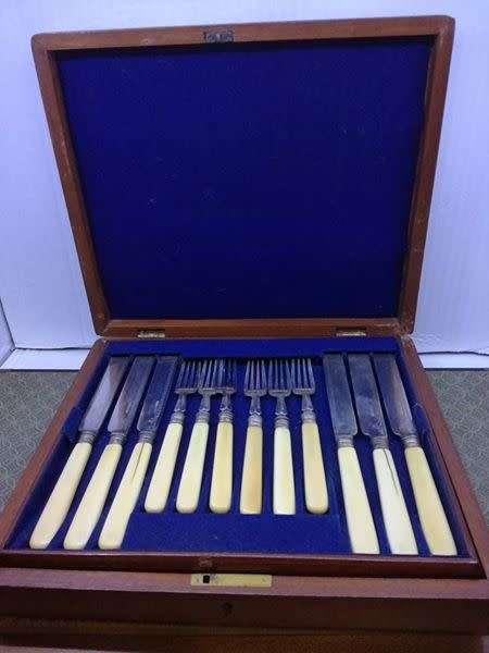 Vintage 12 place setting knife and fork - bone handled. Stunning set ! Look at the box!! Quality!